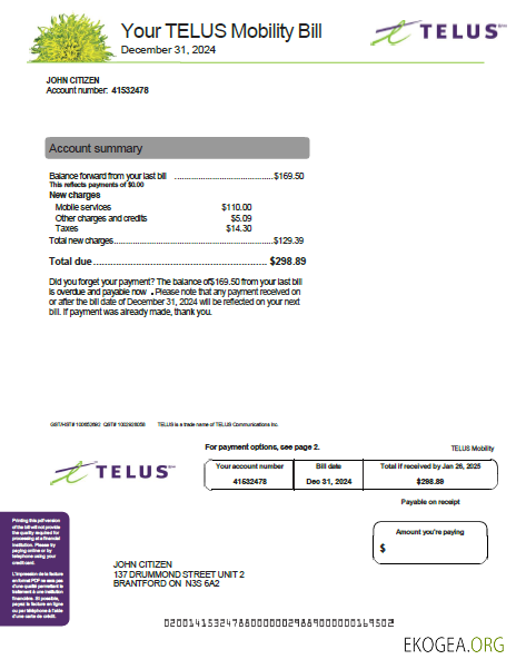 Canada Telus utility bill template in word and pdf formats, version 2 template
